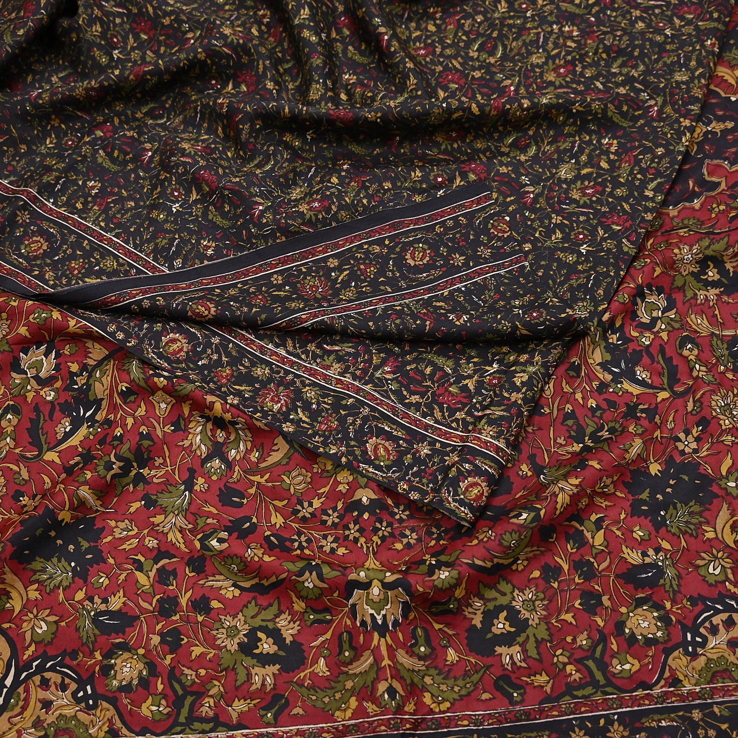 Indian Vintage Red & Black Pure Silk Printed Saree 6Yards Soft Floral Fabric for Dressmaking, Quilting, Crafting, Sewing, Dress Making