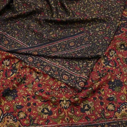 Indian Vintage Red & Black Pure Silk Printed Saree 6Yards Soft Floral Fabric for Dressmaking, Quilting, Crafting, Sewing, Dress Making