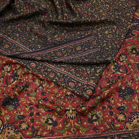 Indian Vintage Red & Black Pure Silk Printed Saree 6Yards Soft Floral Fabric for Dressmaking, Quilting, Crafting, Sewing, Dress Making