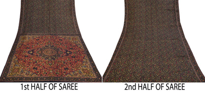 Indian Vintage Red & Black Pure Silk Printed Saree 6Yards Soft Floral Fabric for Dressmaking, Quilting, Crafting, Sewing, Dress Making