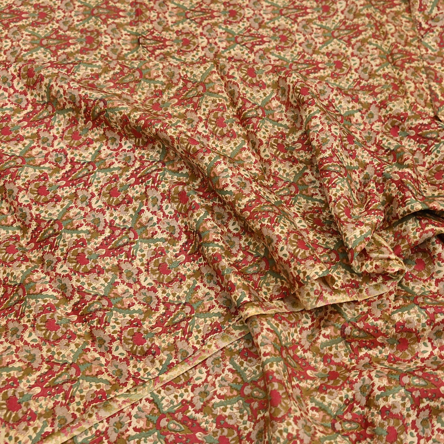 Indian Vintage Sari Beige & Red 100% Pure Silk Block Printed Sarees 6yd Craft Fabric Sewing Soft Dress Making Quilting Crafting Upcycle