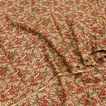 Indian Vintage Sari Beige & Red 100% Pure Silk Block Printed Sarees 6yd Craft Fabric Sewing Soft Dress Making Quilting Crafting Upcycle