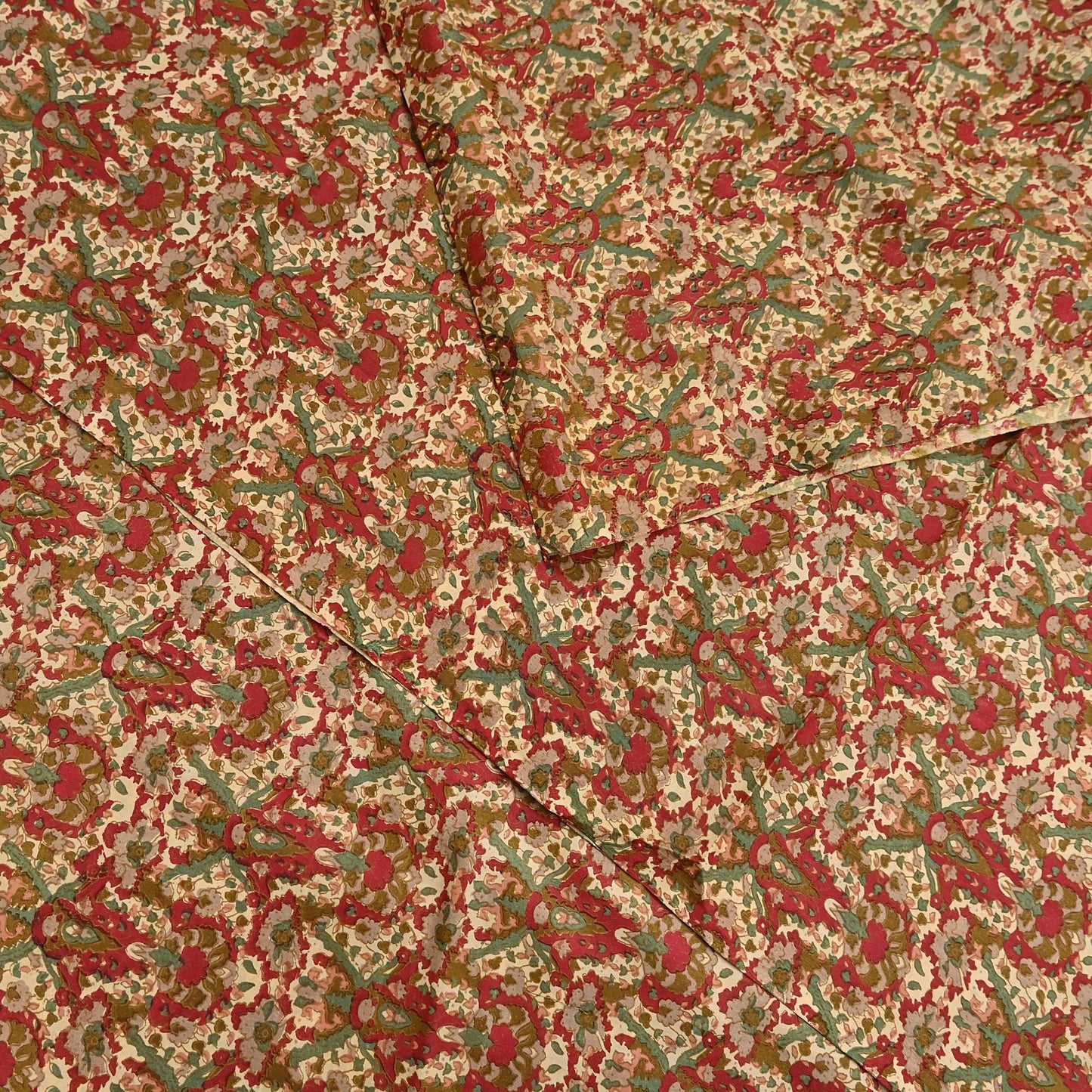 Indian Vintage Sari Beige & Red 100% Pure Silk Block Printed Sarees 6yd Craft Fabric Sewing Soft Dress Making Quilting Crafting Upcycle