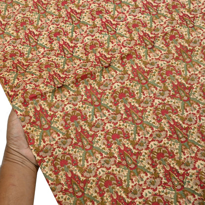 Indian Vintage Sari Beige & Red 100% Pure Silk Block Printed Sarees 6yd Craft Fabric Sewing Soft Dress Making Quilting Crafting Upcycle