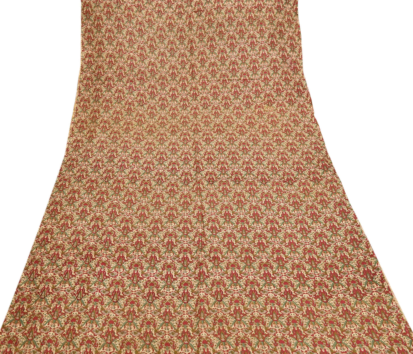 Indian Vintage Sari Beige & Red 100% Pure Silk Block Printed Sarees 6yd Craft Fabric Sewing Soft Dress Making Quilting Crafting Upcycle