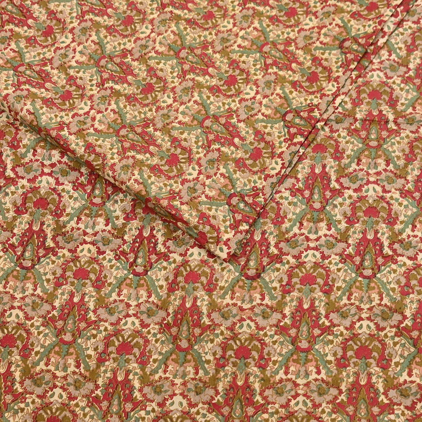 Indian Vintage Sari Beige & Red 100% Pure Silk Block Printed Sarees 6yd Craft Fabric Sewing Soft Dress Making Quilting Crafting Upcycle