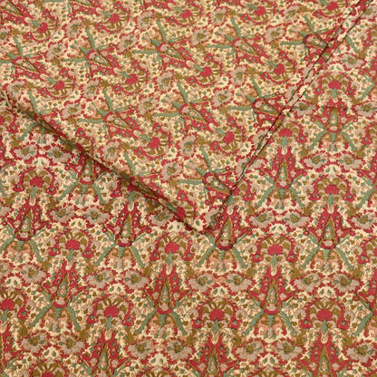 Indian Vintage Sari Beige & Red 100% Pure Silk Block Printed Sarees 6yd Craft Fabric Sewing Soft Dress Making Quilting Crafting Upcycle