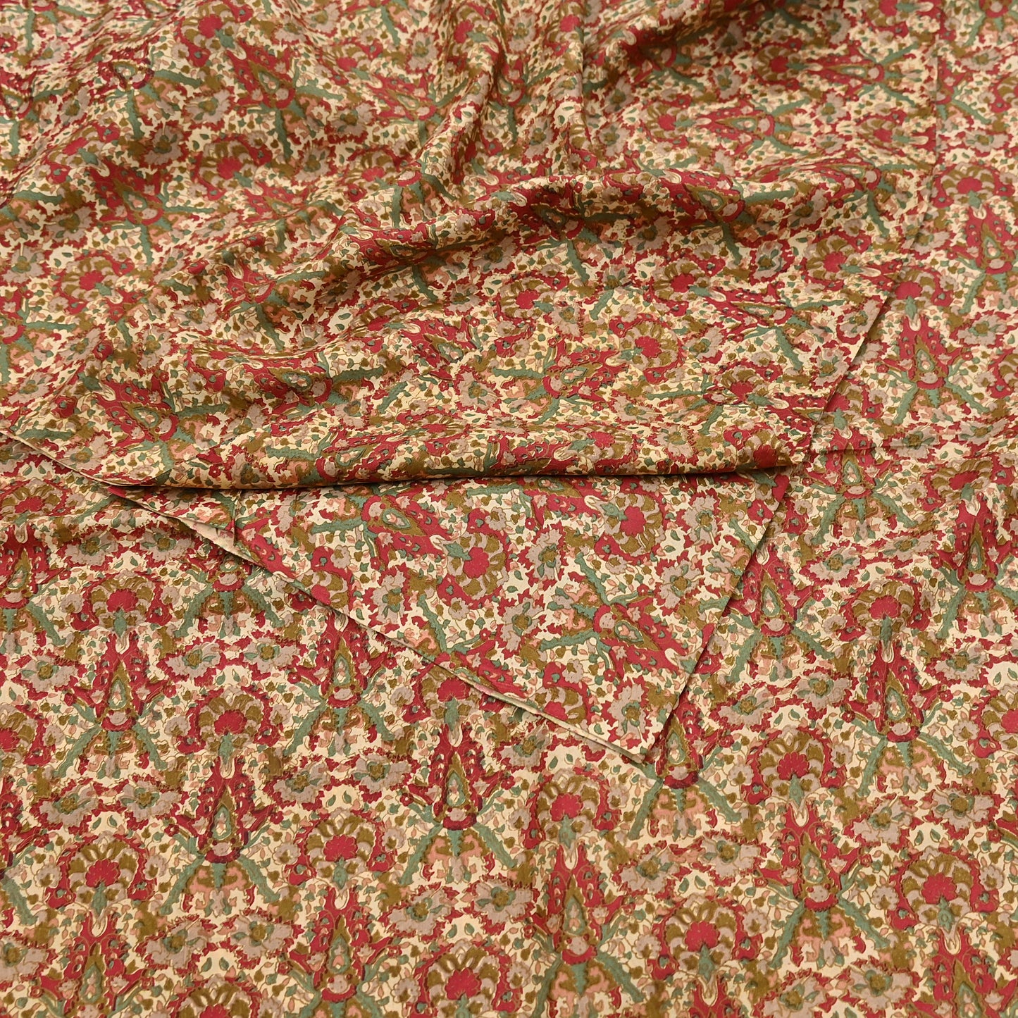 Indian Vintage Sari Beige & Red 100% Pure Silk Block Printed Sarees 6yd Craft Fabric Sewing Soft Dress Making Quilting Crafting Upcycle