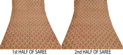 Indian Vintage Sari Beige & Red 100% Pure Silk Block Printed Sarees 6yd Craft Fabric Sewing Soft Dress Making Quilting Crafting Upcycle