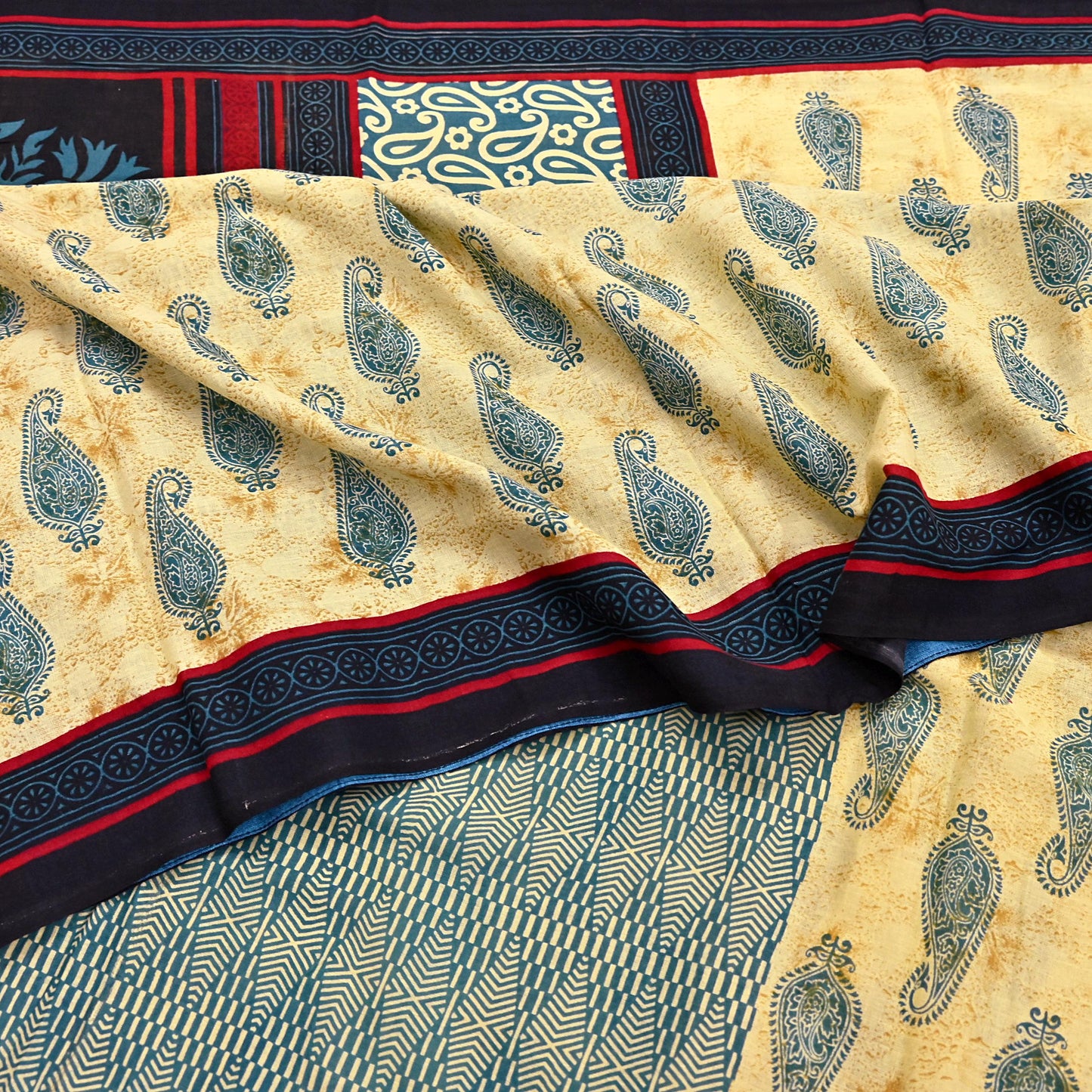 Indian Vintage Yellow & Teal Blue Saree Printed 100% Pure Cotton Sari Craft Fabric 5Yd Soft Sewing Sarong Wrap Dress Making Quilting