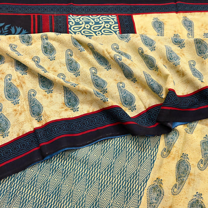 Indian Vintage Yellow & Teal Blue Saree Printed 100% Pure Cotton Sari Craft Fabric 5Yd Soft Sewing Sarong Wrap Dress Making Quilting
