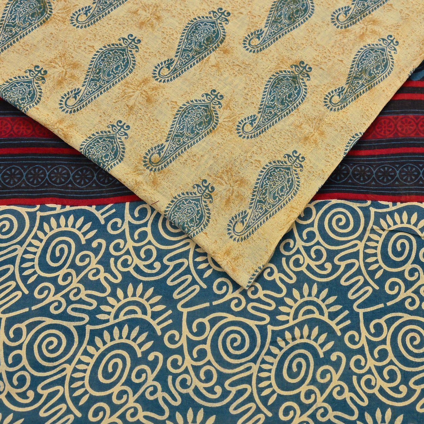 Indian Vintage Yellow & Teal Blue Saree Printed 100% Pure Cotton Sari Craft Fabric 5Yd Soft Sewing Sarong Wrap Dress Making Quilting