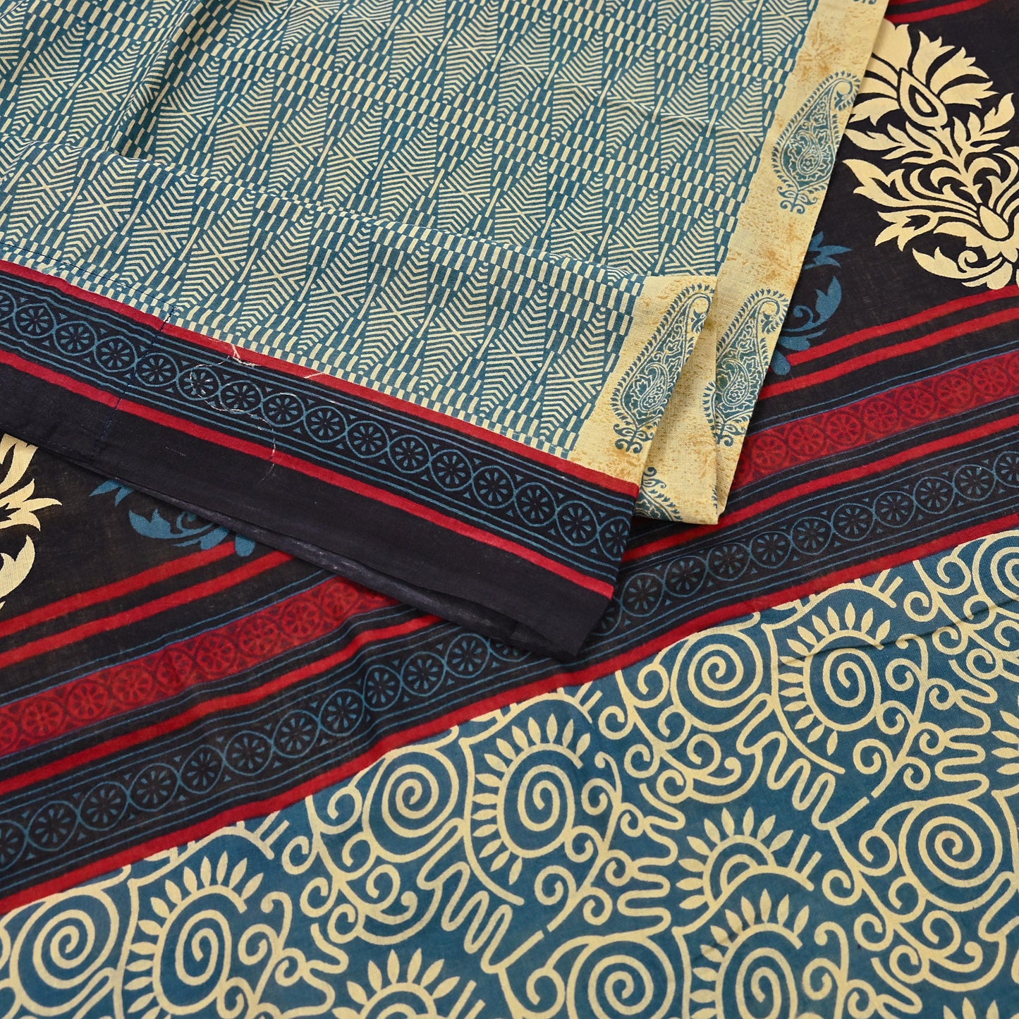 Indian Vintage Yellow & Teal Blue Saree Printed 100% Pure Cotton Sari Craft Fabric 5Yd Soft Sewing Sarong Wrap Dress Making Quilting
