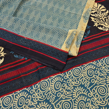 Indian Vintage Yellow & Teal Blue Saree Printed 100% Pure Cotton Sari Craft Fabric 5Yd Soft Sewing Sarong Wrap Dress Making Quilting