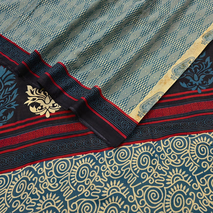 Indian Vintage Yellow & Teal Blue Saree Printed 100% Pure Cotton Sari Craft Fabric 5Yd Soft Sewing Sarong Wrap Dress Making Quilting