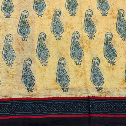 Indian Vintage Yellow & Teal Blue Saree Printed 100% Pure Cotton Sari Craft Fabric 5Yd Soft Sewing Sarong Wrap Dress Making Quilting