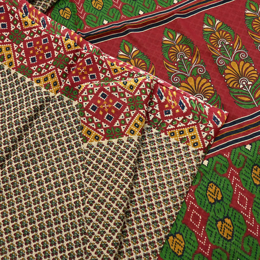 Indian Vintage Beige & red Saree Printed 100% Pure Cotton Sari Craft Fabric 5Yd Soft Sewing Sarong Wrap Dress Making Quilting