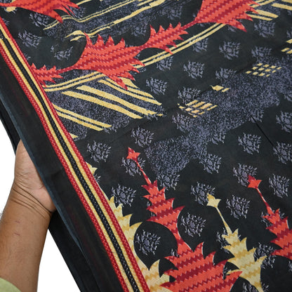 Indian Vintage Sari Gray & Black Printed Pure Cotton Sarees Fabric Floral 5Yd Sarong Wrap Boho Fabric Kimono Soft Dress making Crafting