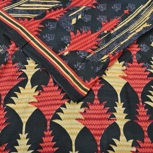 Indian Vintage Sari Gray & Black Printed Pure Cotton Sarees Fabric Floral 5Yd Sarong Wrap Boho Fabric Kimono Soft Dress making Crafting