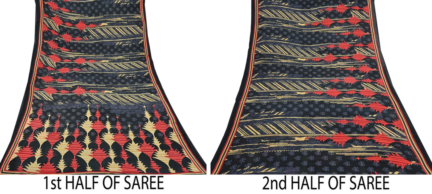 Indian Vintage Sari Gray & Black Printed Pure Cotton Sarees Fabric Floral 5Yd Sarong Wrap Boho Fabric Kimono Soft Dress making Crafting