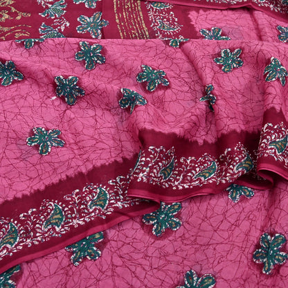 Indian Vintage Sari Pink & Red Batik Printed Saree 100% Pure Cotton 5Yd Craft Fabric Soft Sewing Sarong Wrap Boho Quilting Dress Making
