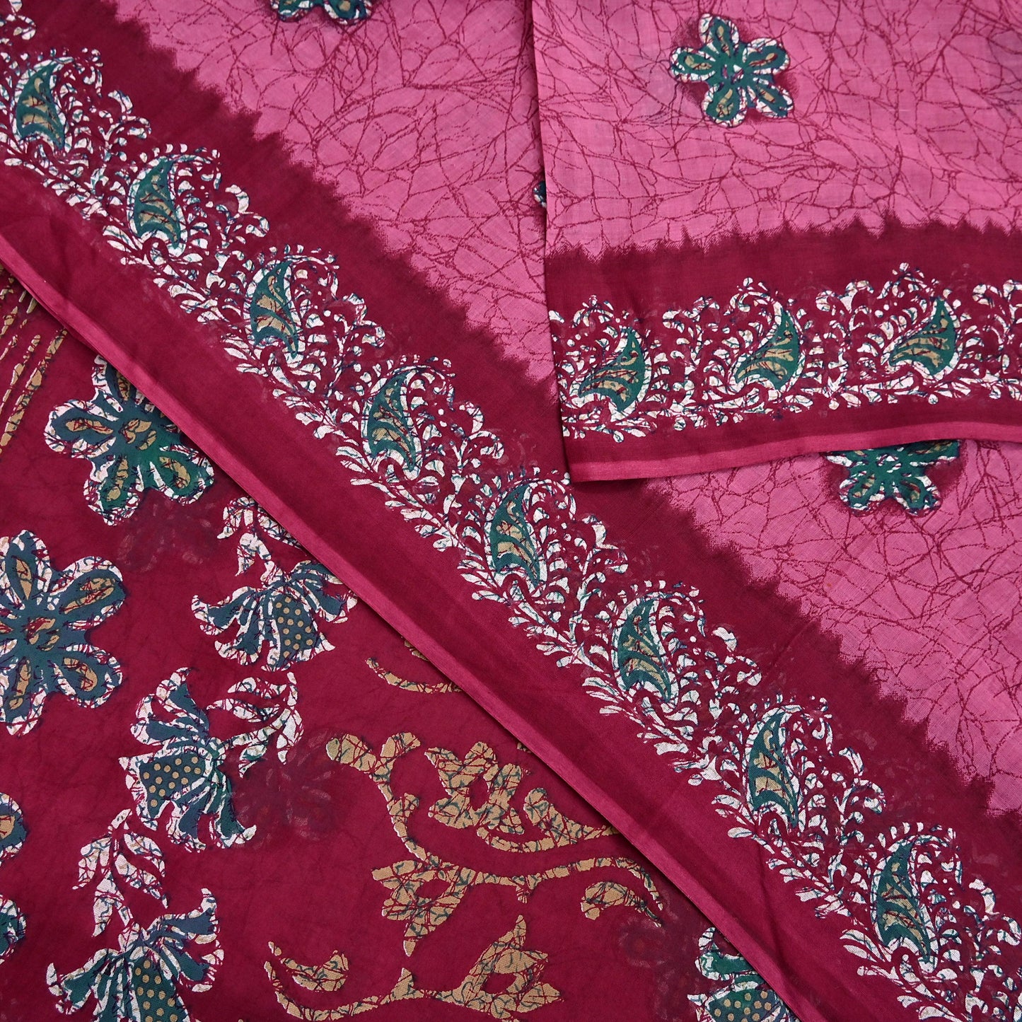 Indian Vintage Sari Pink & Red Batik Printed Saree 100% Pure Cotton 5Yd Craft Fabric Soft Sewing Sarong Wrap Boho Quilting Dress Making