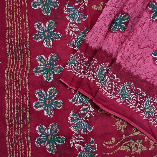 Indian Vintage Sari Pink & Red Batik Printed Saree 100% Pure Cotton 5Yd Craft Fabric Soft Sewing Sarong Wrap Boho Quilting Dress Making