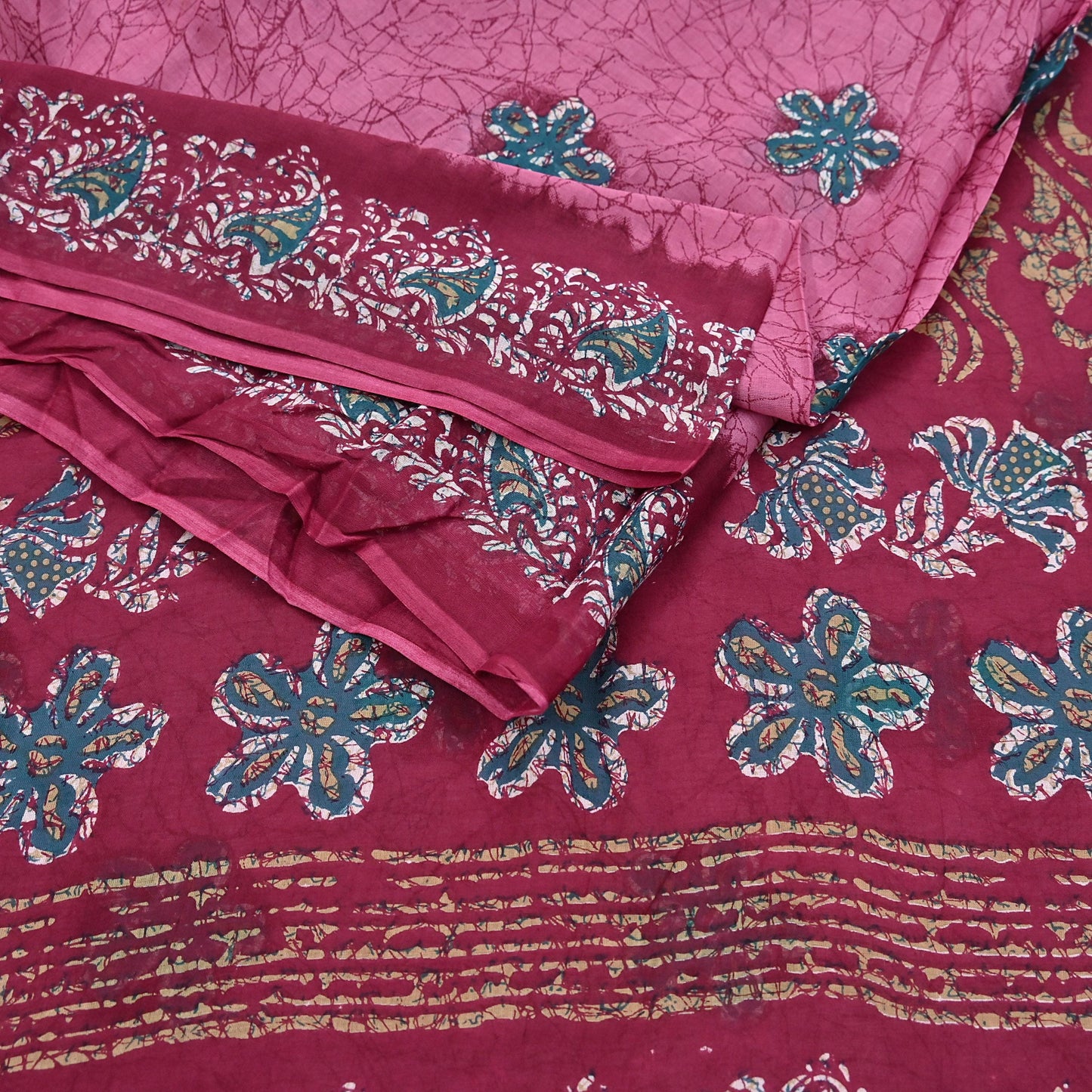 Indian Vintage Sari Pink & Red Batik Printed Saree 100% Pure Cotton 5Yd Craft Fabric Soft Sewing Sarong Wrap Boho Quilting Dress Making