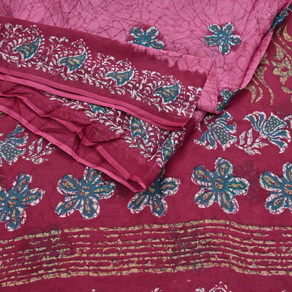 Indian Vintage Sari Pink & Red Batik Printed Saree 100% Pure Cotton 5Yd Craft Fabric Soft Sewing Sarong Wrap Boho Quilting Dress Making