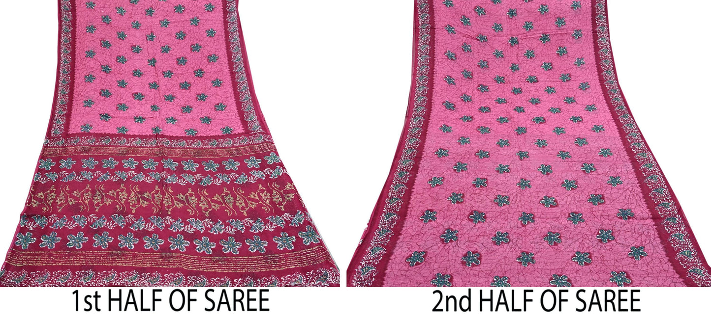 Indian Vintage Sari Pink & Red Batik Printed Saree 100% Pure Cotton 5Yd Craft Fabric Soft Sewing Sarong Wrap Boho Quilting Dress Making