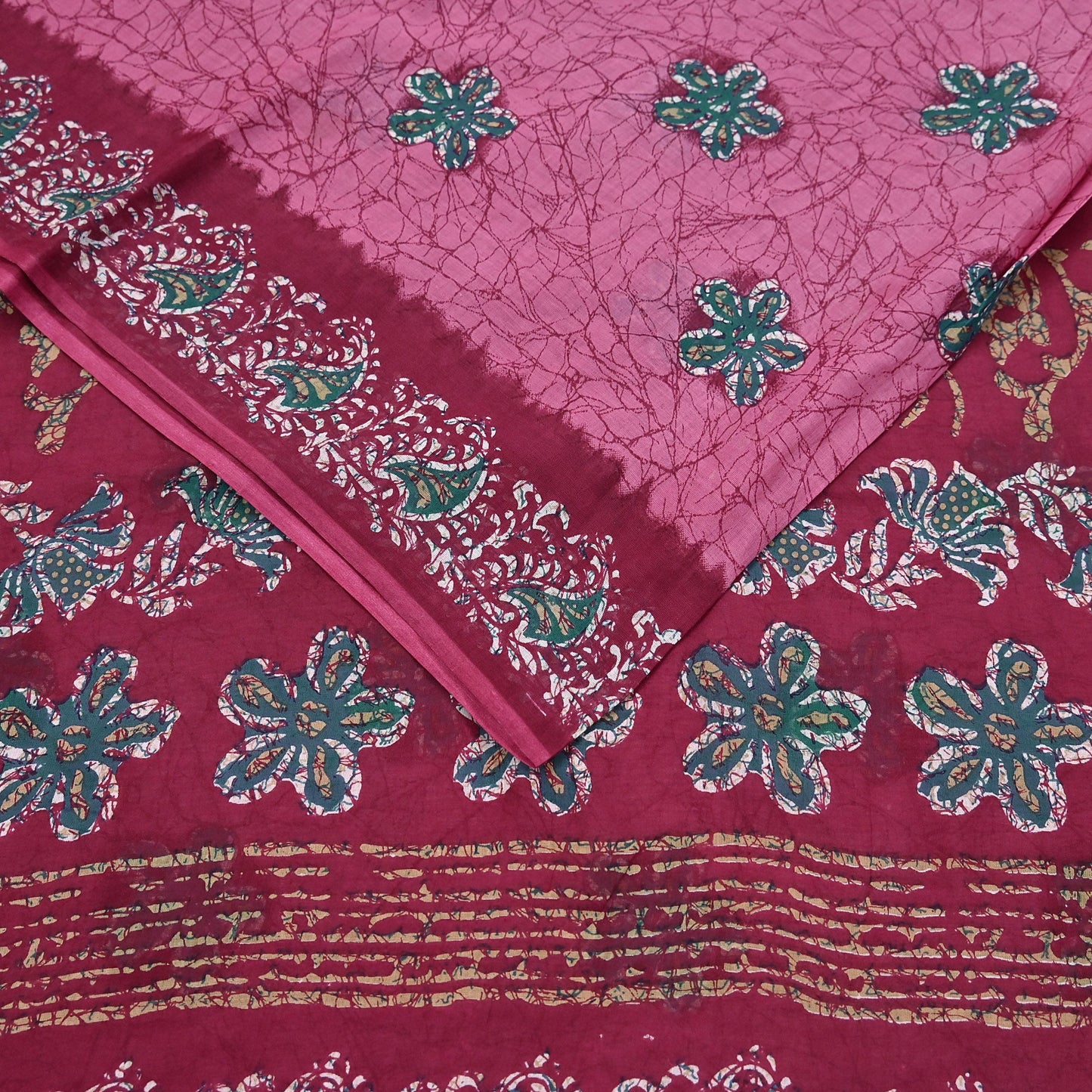 Indian Vintage Sari Pink & Red Batik Printed Saree 100% Pure Cotton 5Yd Craft Fabric Soft Sewing Sarong Wrap Boho Quilting Dress Making