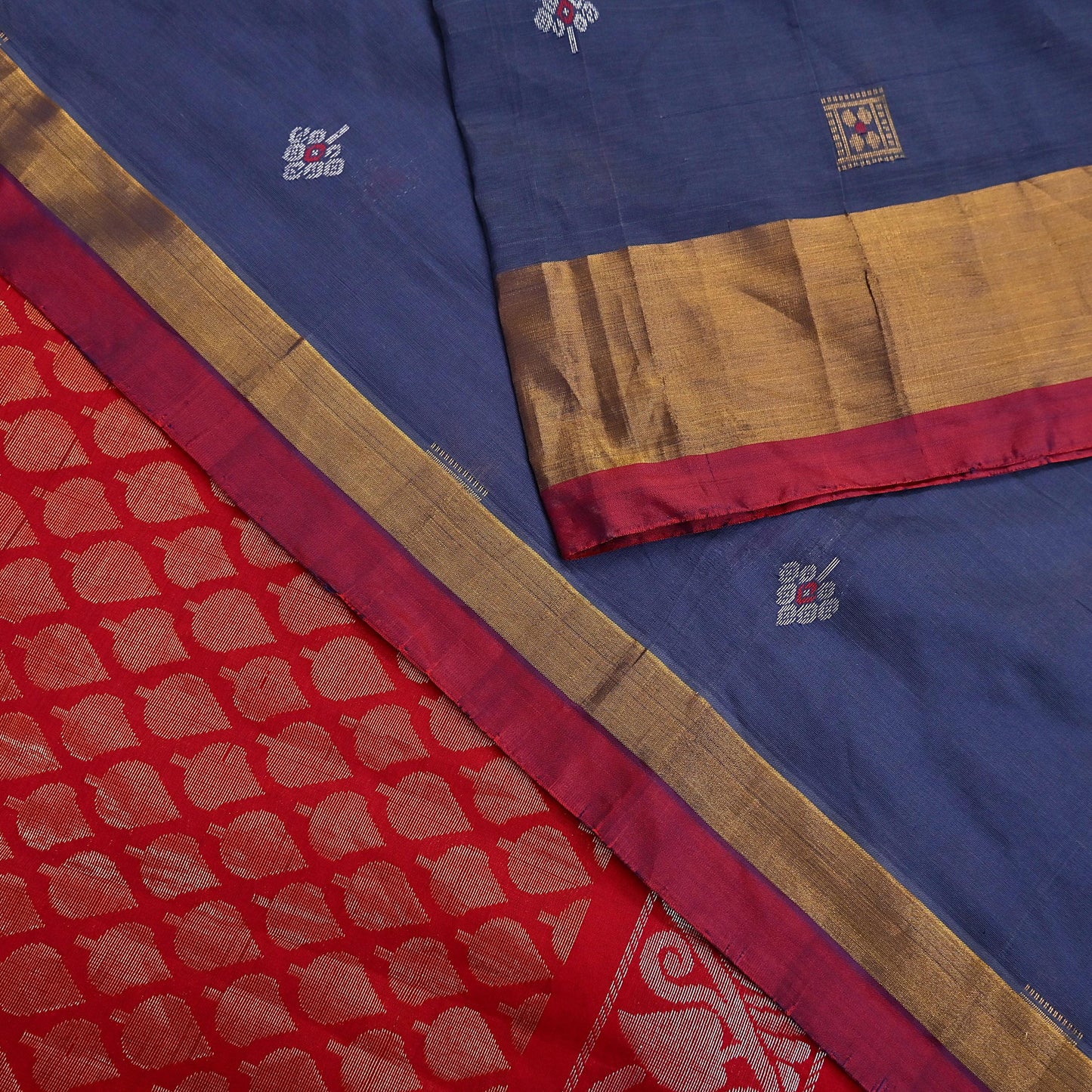 Indian Vintage Sari Red & Gray Artificial Silk Hand Woven Brocade Sarees 5yd Ethnic Craft Fabric Sewing Wedding Sarees Dress making Crafting