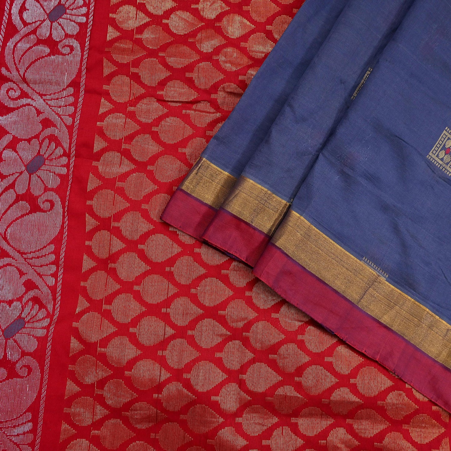 Indian Vintage Sari Red & Gray Artificial Silk Hand Woven Brocade Sarees 5yd Ethnic Craft Fabric Sewing Wedding Sarees Dress making Crafting