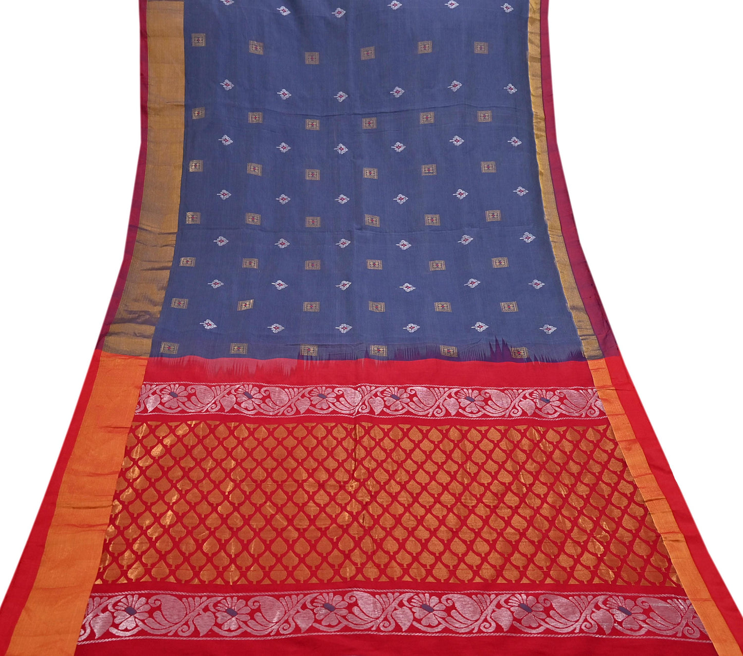 Indian Vintage Sari Red & Gray Artificial Silk Hand Woven Brocade Sarees 5yd Ethnic Craft Fabric Sewing Wedding Sarees Dress making Crafting