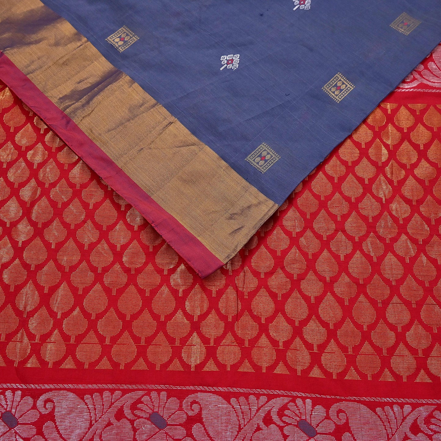 Indian Vintage Sari Red & Gray Artificial Silk Hand Woven Brocade Sarees 5yd Ethnic Craft Fabric Sewing Wedding Sarees Dress making Crafting