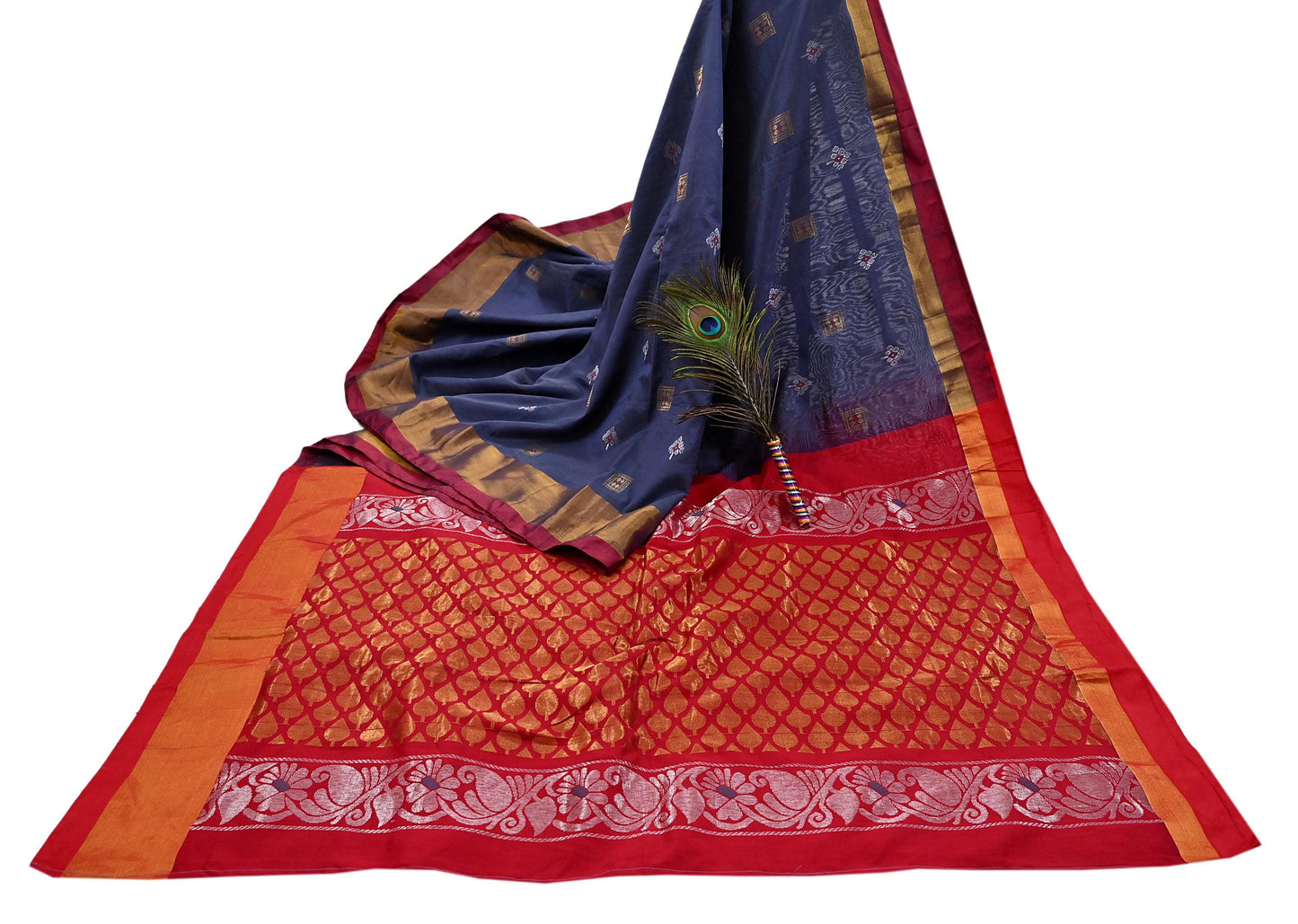 Indian Vintage Sari Red & Gray Artificial Silk Hand Woven Brocade Sarees 5yd Ethnic Craft Fabric Sewing Wedding Sarees Dress making Crafting