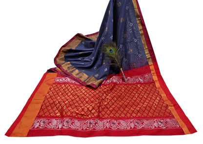 Indian Vintage Sari Red & Gray Artificial Silk Hand Woven Brocade Sarees 5yd Ethnic Craft Fabric Sewing Wedding Sarees Dress making Crafting