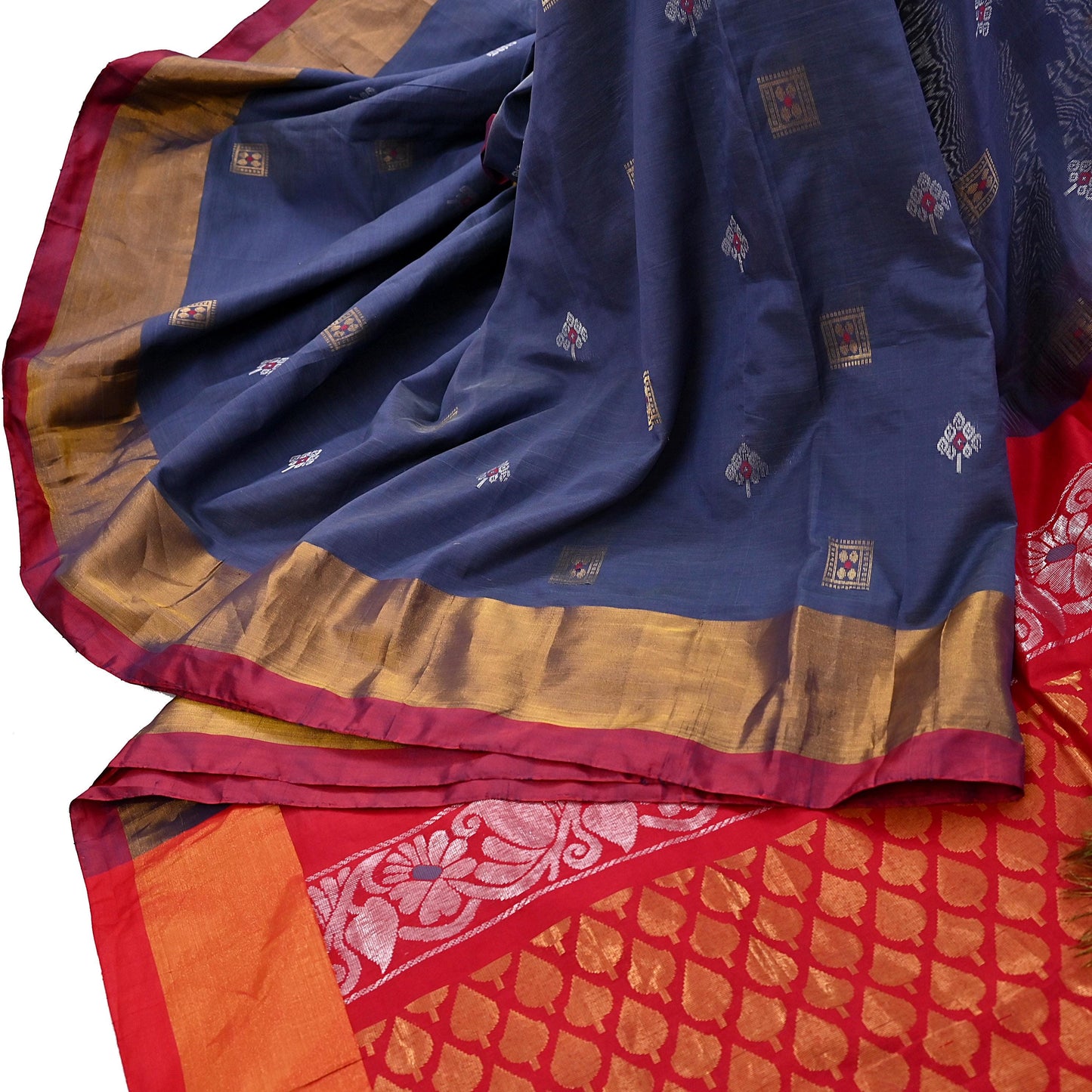 Indian Vintage Sari Red & Gray Artificial Silk Hand Woven Brocade Sarees 5yd Ethnic Craft Fabric Sewing Wedding Sarees Dress making Crafting