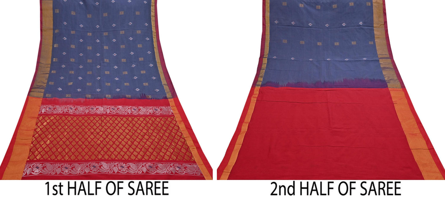 Indian Vintage Sari Red & Gray Artificial Silk Hand Woven Brocade Sarees 5yd Ethnic Craft Fabric Sewing Wedding Sarees Dress making Crafting