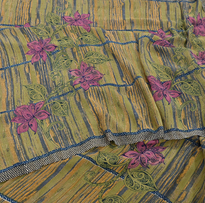 Indian Vintage Sari Green 100% Pure Georgette Silk Hand Printed Sarees Sewing 5yd Craft Fabric Soft Dress Designing for Crafting