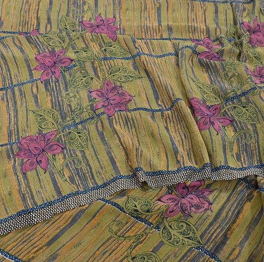 Indian Vintage Sari Green 100% Pure Georgette Silk Hand Printed Sarees Sewing 5yd Craft Fabric Soft Dress Designing for Crafting