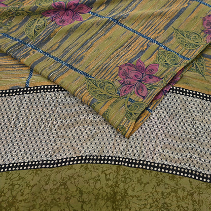 Indian Vintage Sari Green 100% Pure Georgette Silk Hand Printed Sarees Sewing 5yd Craft Fabric Soft Dress Designing for Crafting