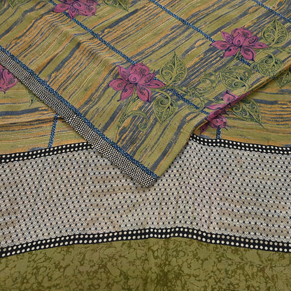 Indian Vintage Sari Green 100% Pure Georgette Silk Hand Printed Sarees Sewing 5yd Craft Fabric Soft Dress Designing for Crafting