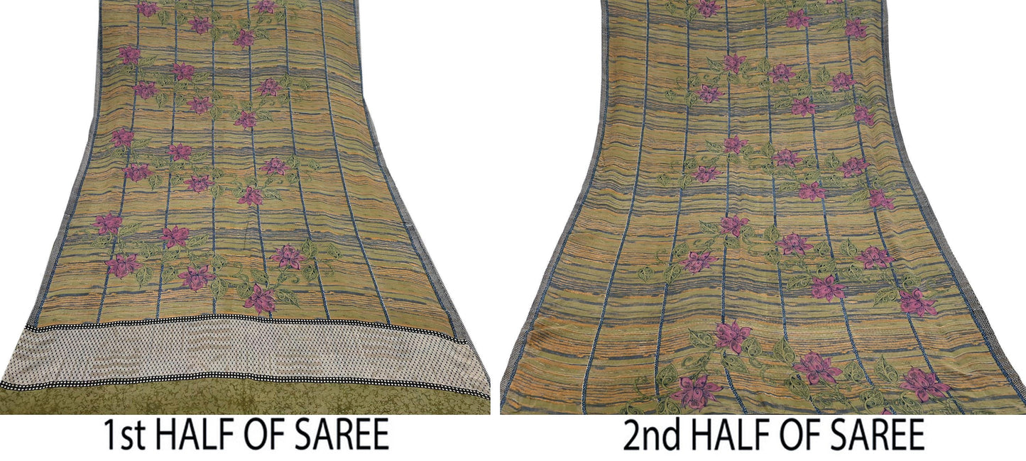 Indian Vintage Sari Green 100% Pure Georgette Silk Hand Printed Sarees Sewing 5yd Craft Fabric Soft Dress Designing for Crafting