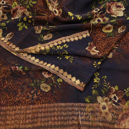 Women Vintage Sari Black & Brown Pure Georgette Silk Printed Saree Craft Fabric Sewing 5Yard Soft Light Dress Making Zari Border