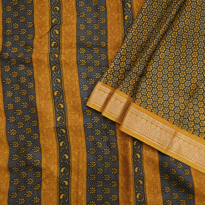 Vintage Sari Gray & Mustard Pure Silk Hand Woven Printed Saree Fabric 5yard Sewing Dress Designing for Crafting Quilting Upcycle Soft Border