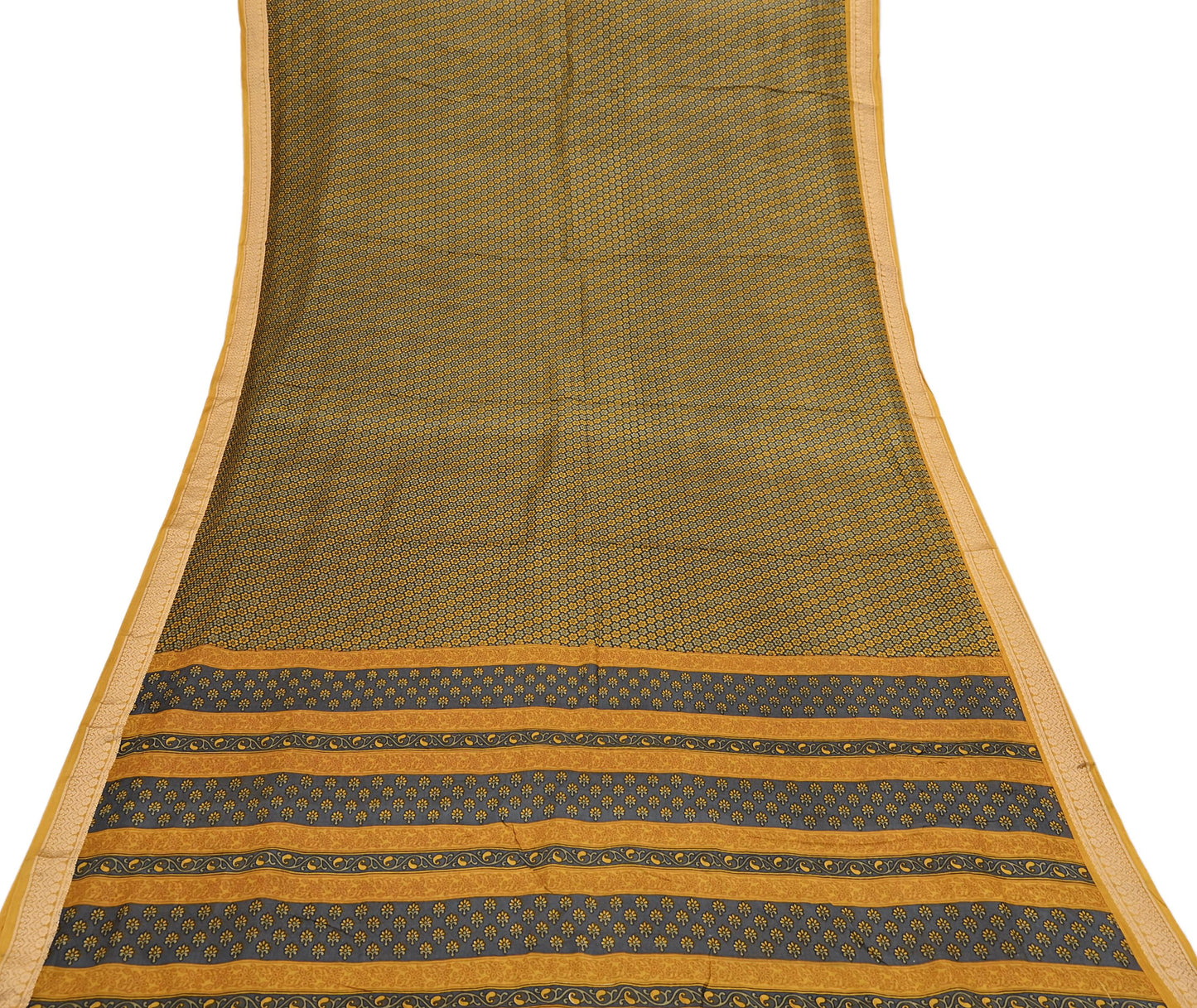 Vintage Sari Gray & Mustard Pure Silk Hand Woven Printed Saree Fabric 5yard Sewing Dress Designing for Crafting Quilting Upcycle Soft Border
