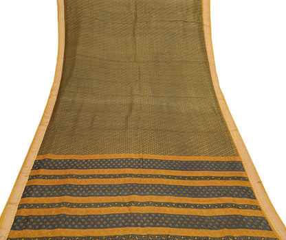 Vintage Sari Gray & Mustard Pure Silk Hand Woven Printed Saree Fabric 5yard Sewing Dress Designing for Crafting Quilting Upcycle Soft Border