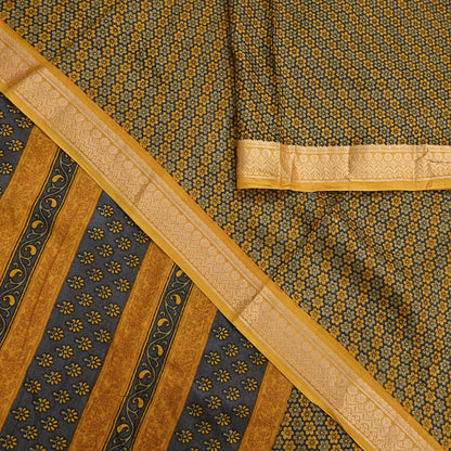 Vintage Sari Gray & Mustard Pure Silk Hand Woven Printed Saree Fabric 5yard Sewing Dress Designing for Crafting Quilting Upcycle Soft Border