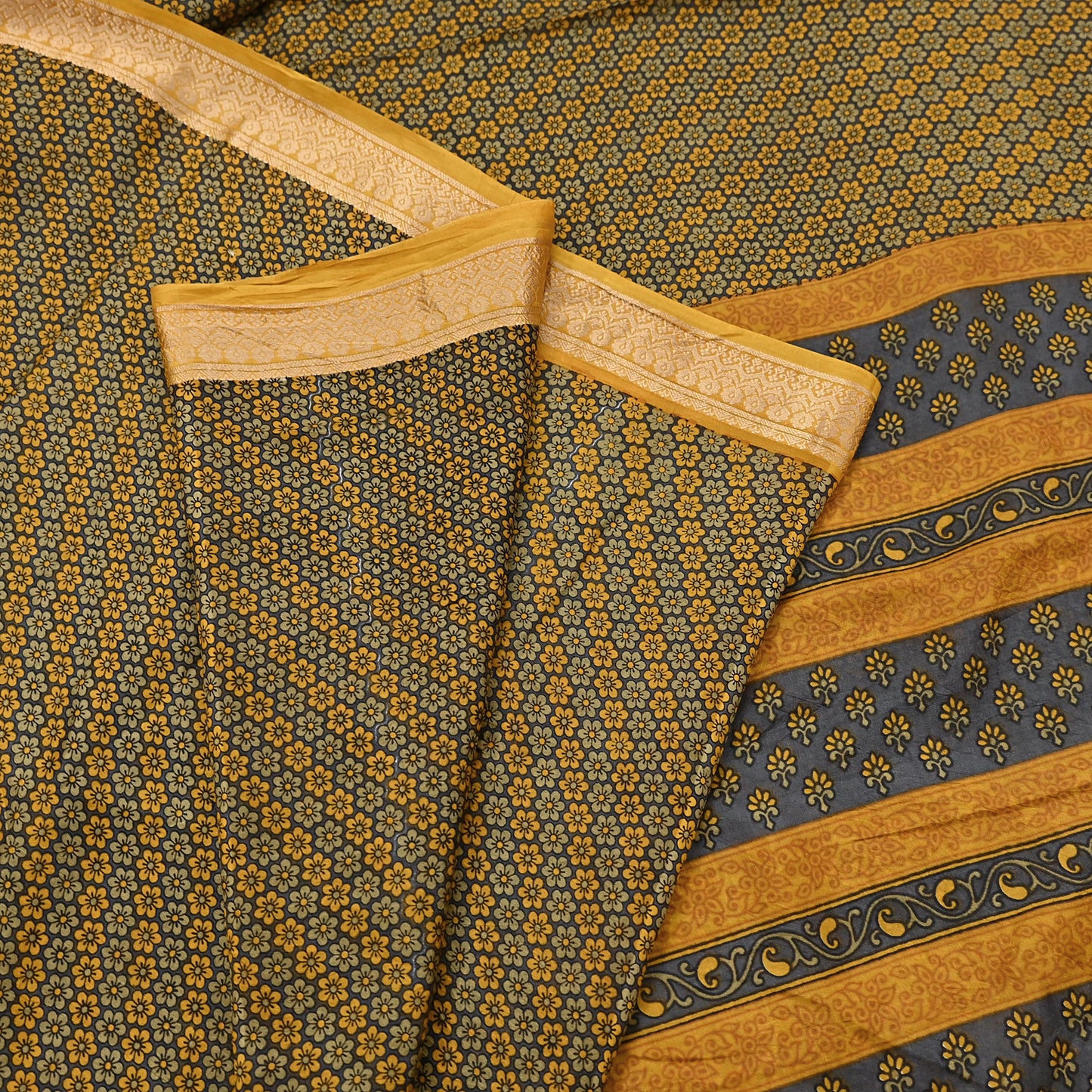 Vintage Sari Gray & Mustard Pure Silk Hand Woven Printed Saree Fabric 5yard Sewing Dress Designing for Crafting Quilting Upcycle Soft Border